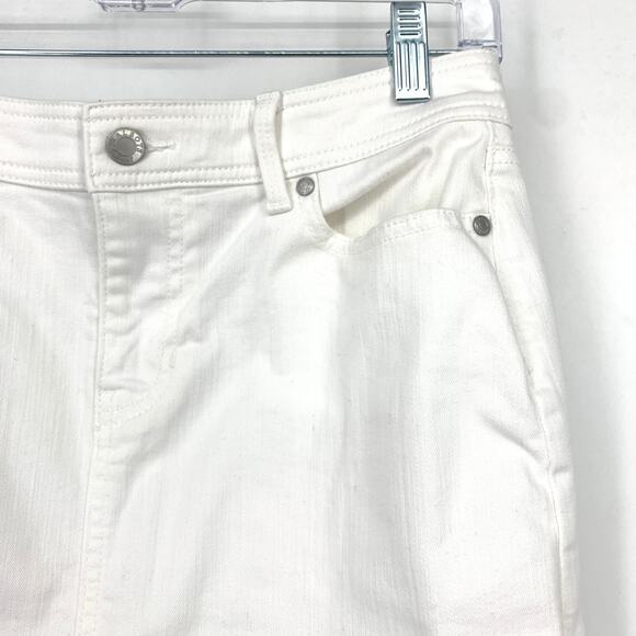 SOLD Talbots Midi Length Denim Skirt Womens Size 2P White Front Slit Stretch - Picture 4 of 7
